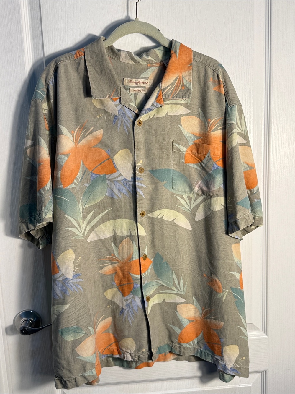 Tommy Bahama Tropical Button-Up Shirt Gray Orange Silk Washable Sz XXL